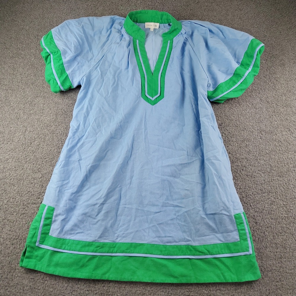 Entro Linen Blend Mini Dress Sz Large Blue Green Pockets Festival EUC